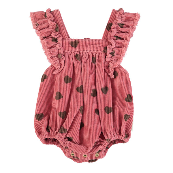 Baby Romper w/frills on shoulders pomegranate w/ green hearts - Baby رومير