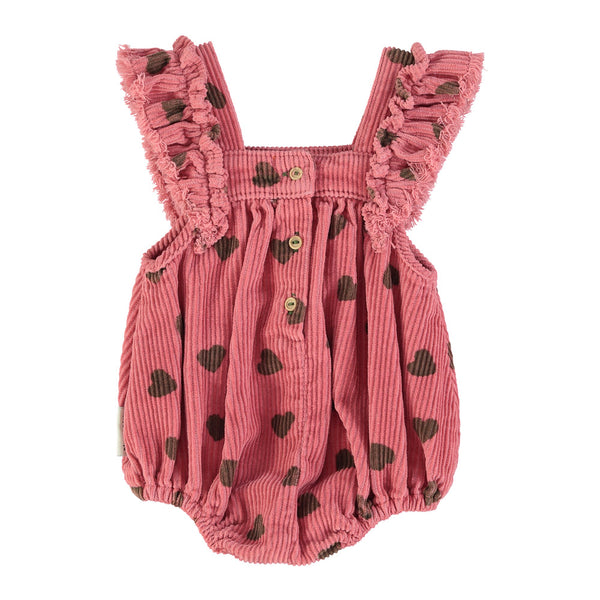 Baby Romper w/frills on shoulders pomegranate w/ green hearts - Baby رومير