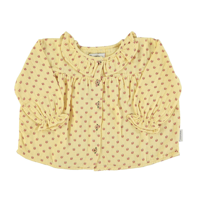 Round Collar Shirt light Yellow w/little flowers - Girls بلوزة