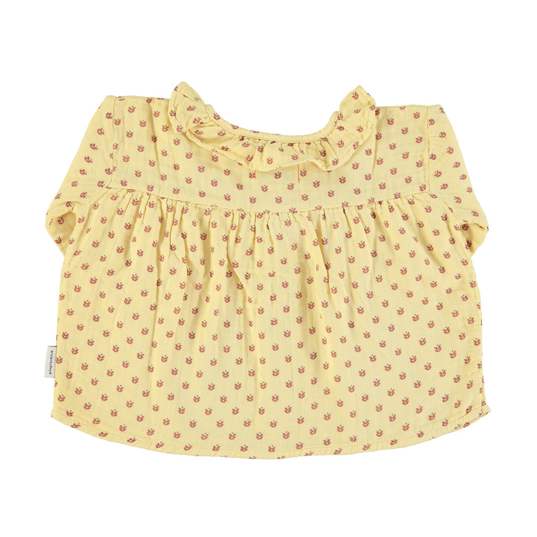 Round Collar Shirt light Yellow w/little flowers - Girls بلوزة
