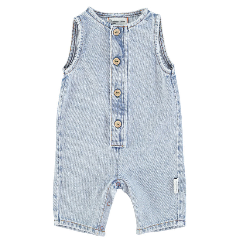 Baby slevless jumpsuit/ washed light blue denim w/ back print - Baby بلوزة ضيقة