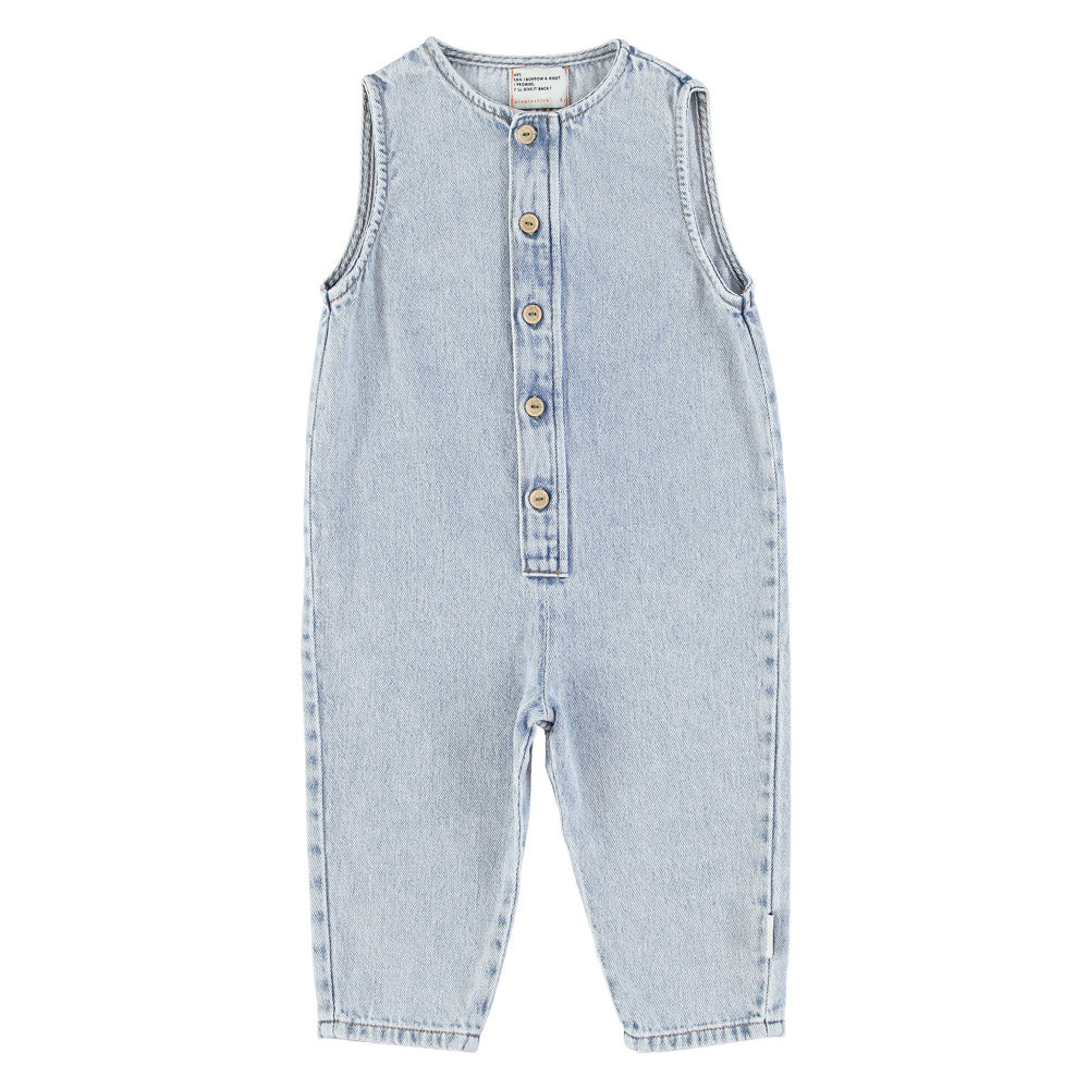 Sleeveless Jumpsuit washed light blue denim w/ Back print - Dungarees جمبسوت